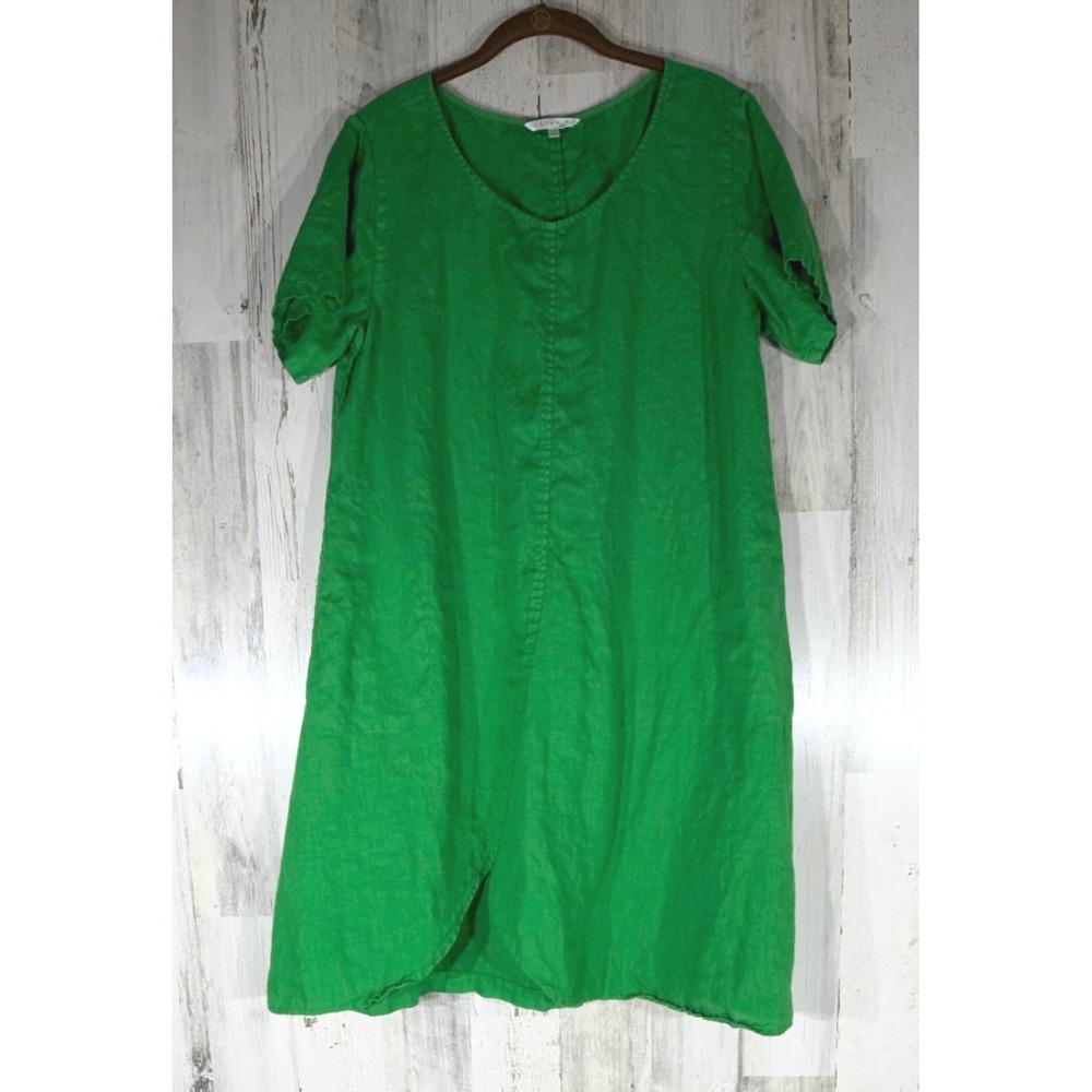 Kleen Linen Shift Dress Kelly Green Medium Scoop Neck Lagenlook Coastal Boho
